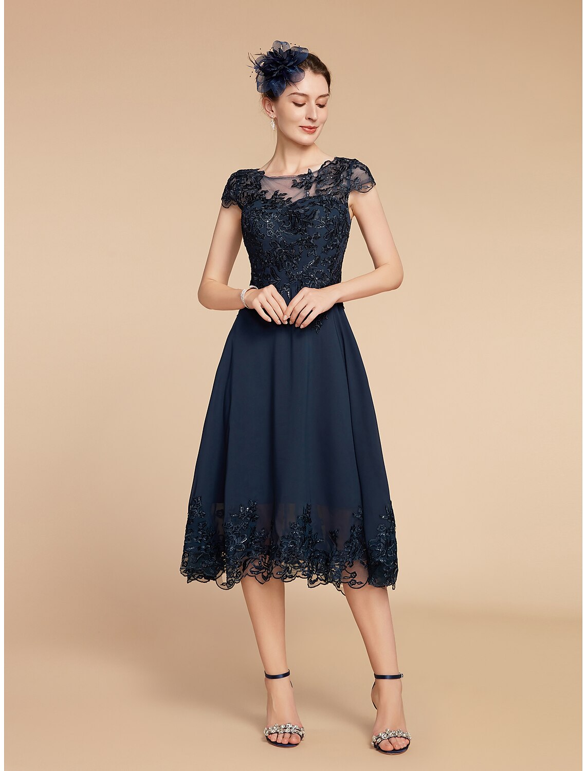 A-Line Mother of the Bride Dress Formal Wedding Guest Elegant Vintage Scoop Neck Tea Length Lace 3/4 Length Sleeve with Sequin Appliques