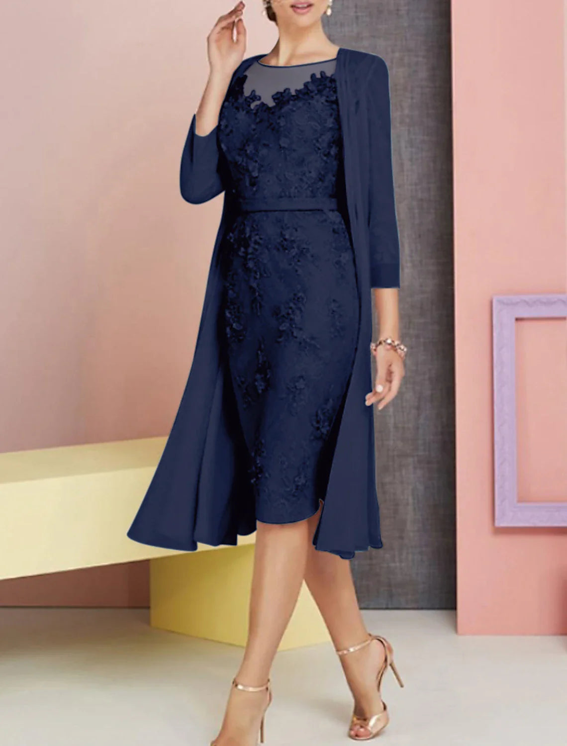 Two Piece Sheath / Column Mother of the Bride Dress Wedding Guest Church Elegant Vintage Plus Size Bateau Neck Knee Length Chiffon Lace 3/4 Length Sleeve Jacket Dresses with Appliques
