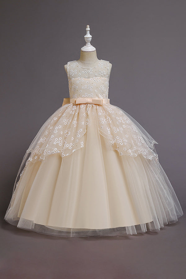 Red Princess Belt Flower Girl Dress with Bow Ball Gown for Weddings
