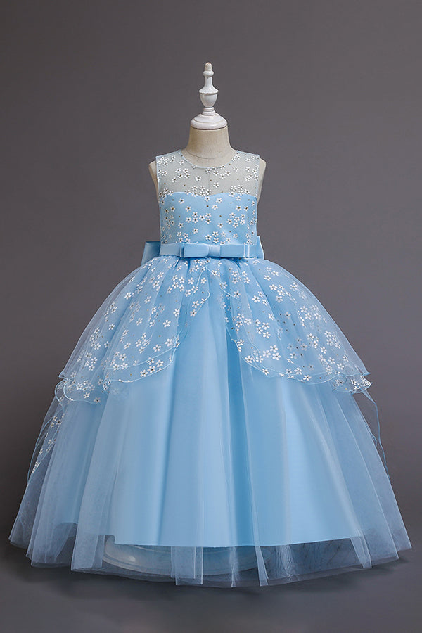 Red Princess Belt Flower Girl Dress with Bow Ball Gown for Weddings