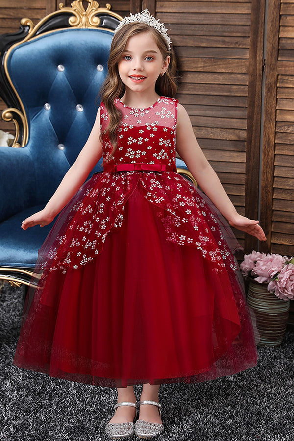 Red Princess Belt Flower Girl Dress with Bow Ball Gown for Weddings
