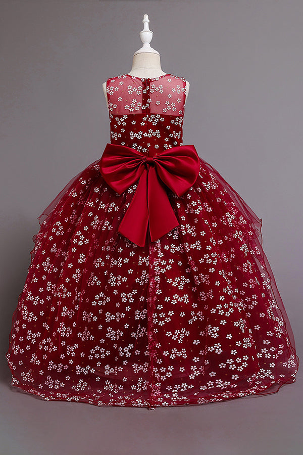Red Princess Belt Flower Girl Dress with Bow Ball Gown for Weddings