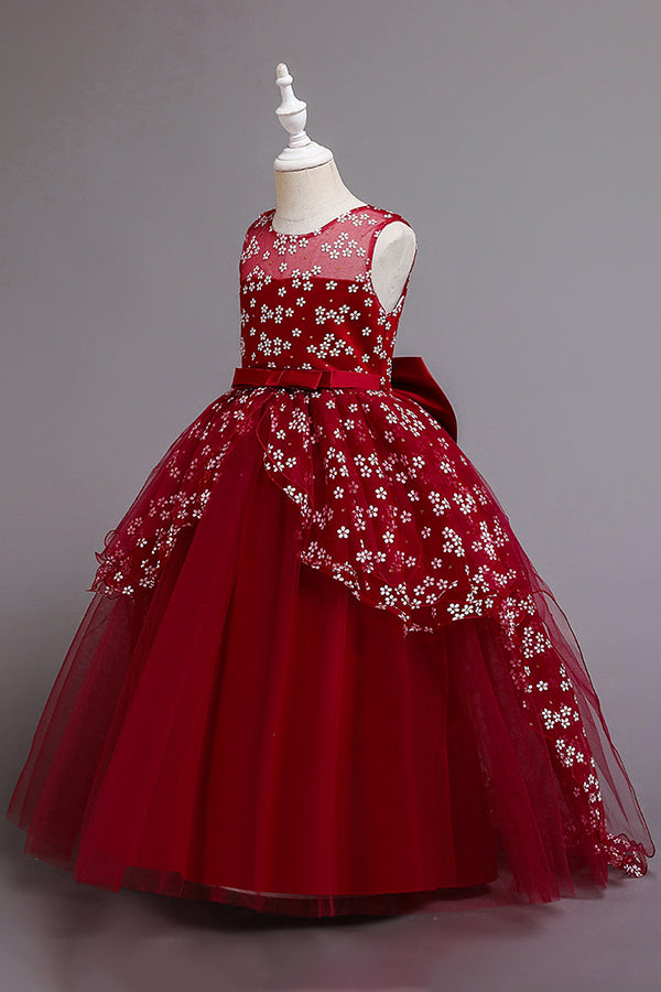 Red Princess Belt Flower Girl Dress with Bow Ball Gown for Weddings