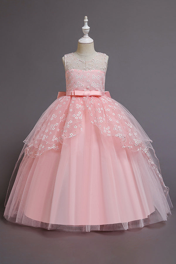 Red Princess Belt Flower Girl Dress with Bow Ball Gown for Weddings
