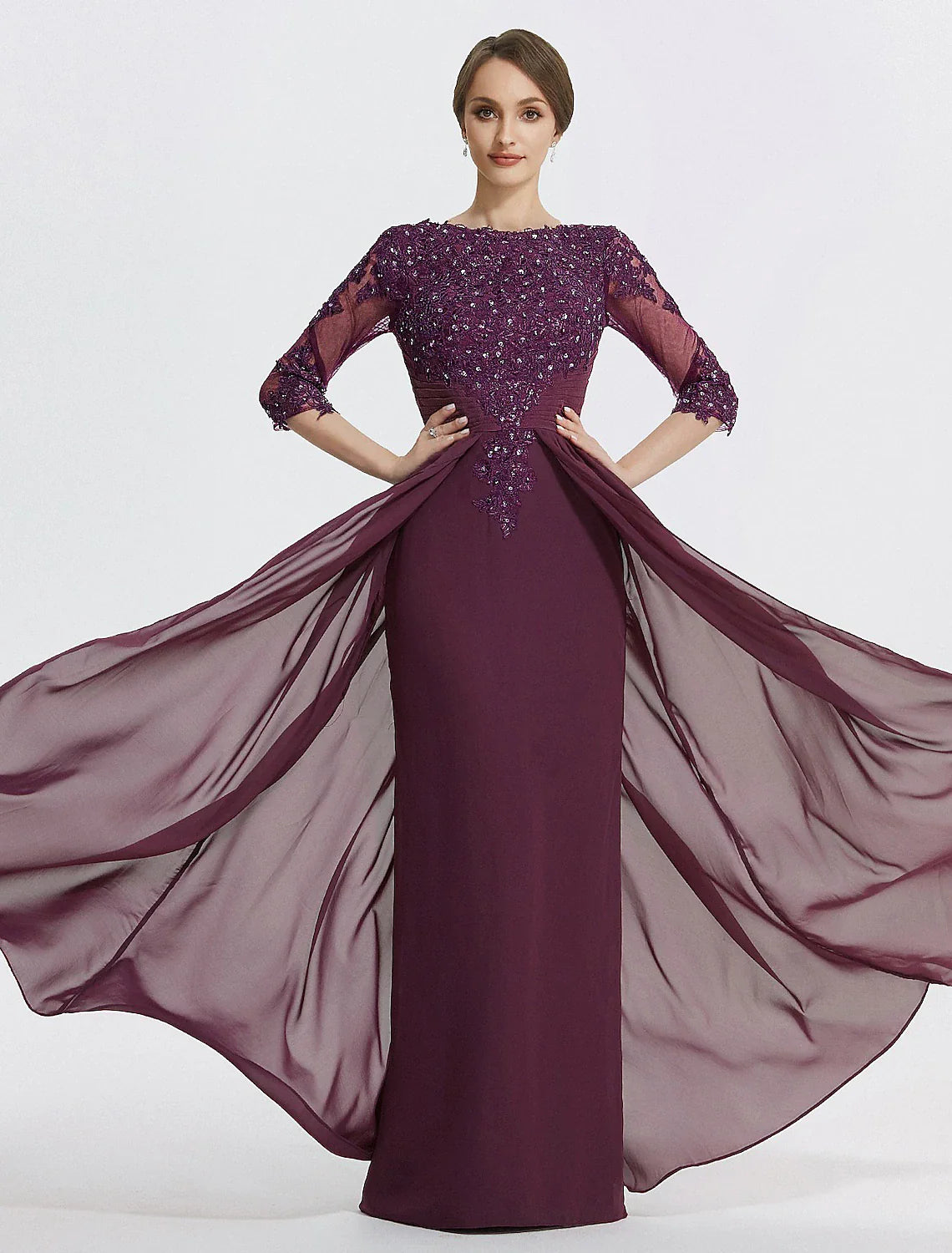 Sheath / Column Mother of the Bride Dress With Overskirts Formal Wedding Guest Elegant Sequin Scoop Neck Floor Length Chiffon Lace 3/4 Sleeve with Appliques Sparkle & Shine
