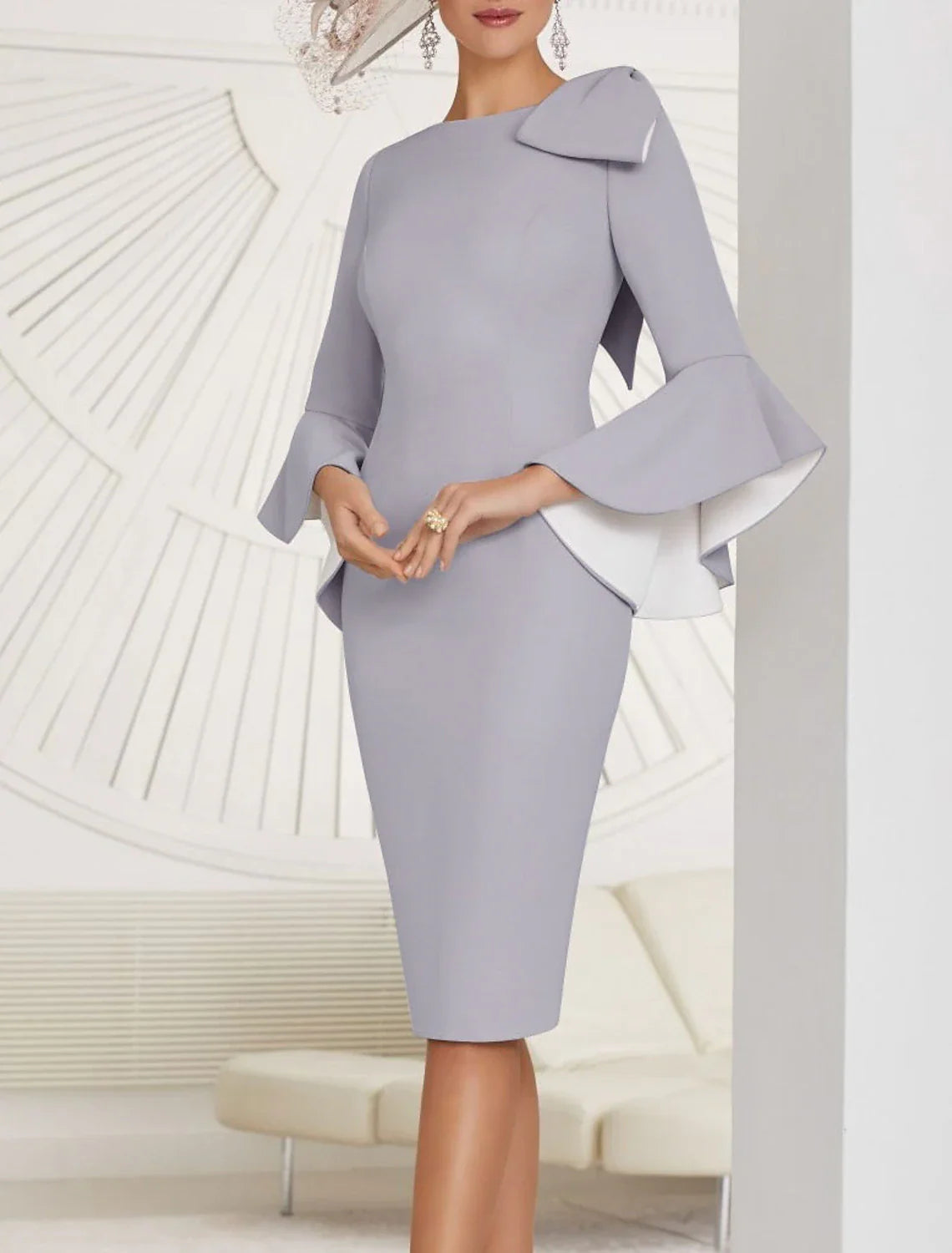 Sheath / Column Mother of the Bride Dress Elegant Vintage Plus Size Jewel Neck Knee Length Fabric Long Sleeve with Bow(s) Ruffles