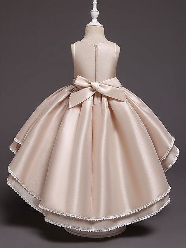 Satin Tulle Asymmetrical Flower Girl Dress with Lace Belt Appliques