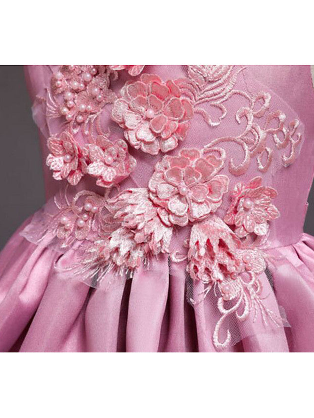 Satin Tulle Asymmetrical Flower Girl Dress with Lace Belt Appliques
