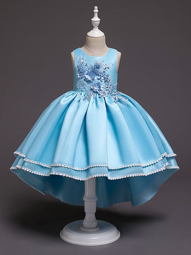 Satin Tulle Asymmetrical Flower Girl Dress with Lace Belt Appliques
