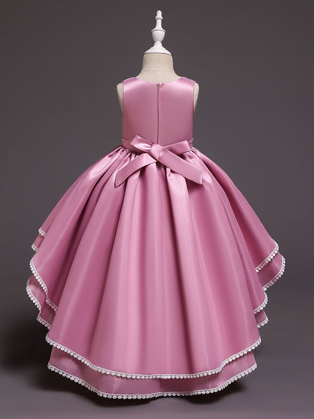 Satin Tulle Asymmetrical Flower Girl Dress with Lace Belt Appliques
