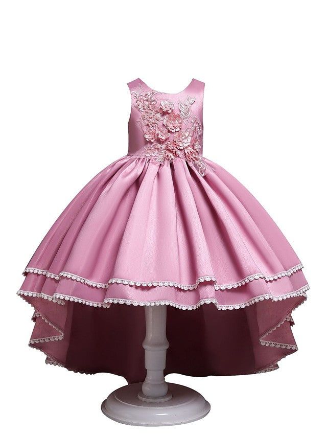 Satin Tulle Asymmetrical Flower Girl Dress with Lace Belt Appliques