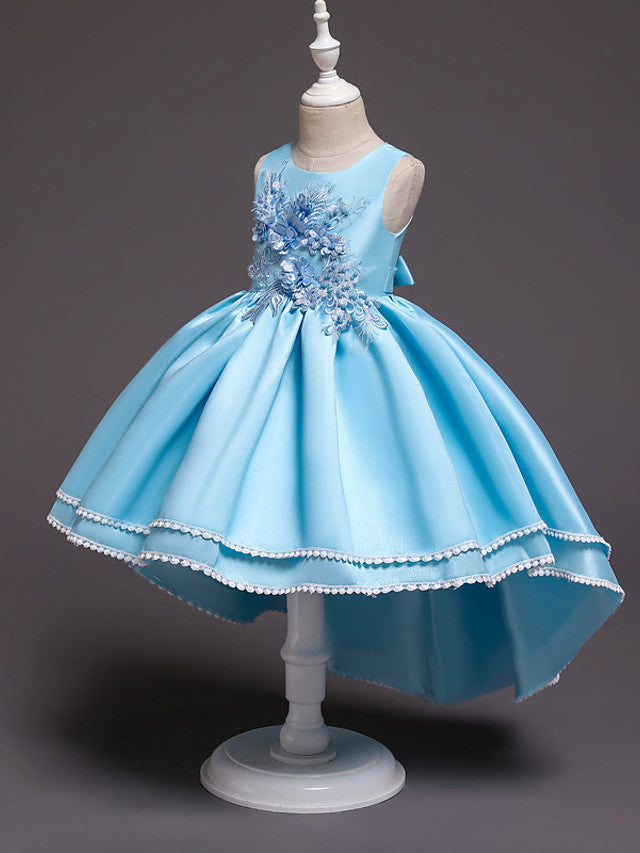 Satin Tulle Asymmetrical Flower Girl Dress with Lace Belt Appliques