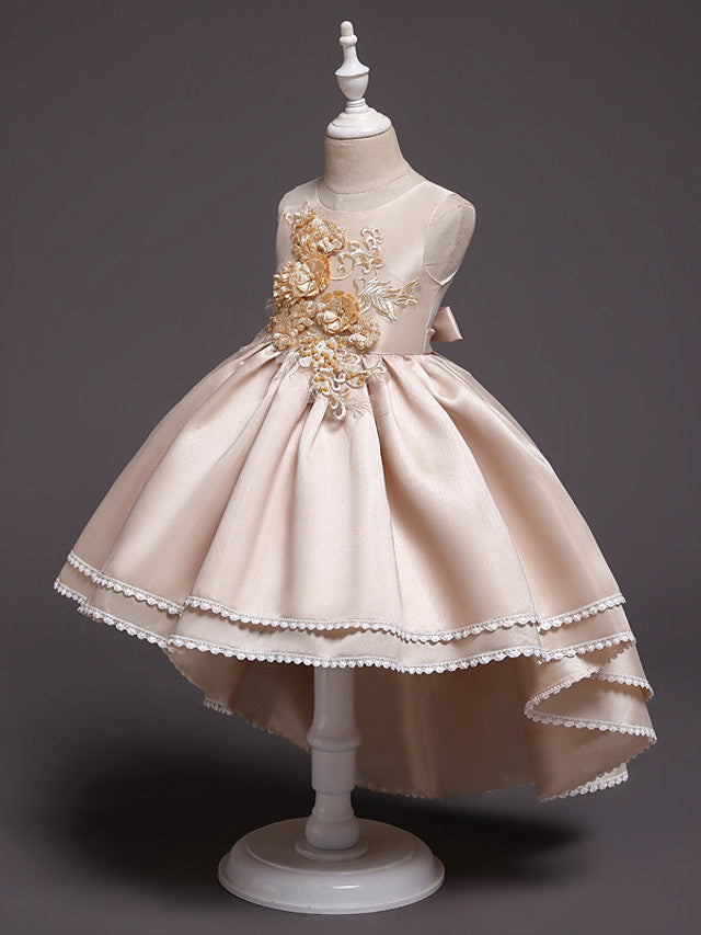 Satin Tulle Asymmetrical Flower Girl Dress with Lace Belt Appliques