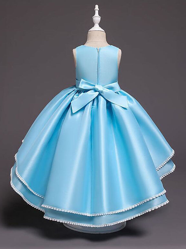 Satin Tulle Asymmetrical Flower Girl Dress with Lace Belt Appliques