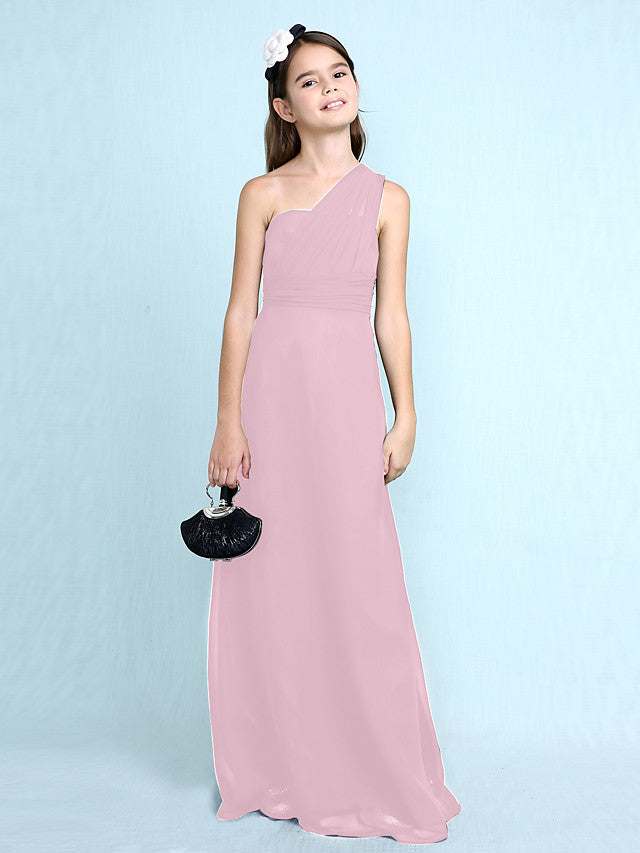 Sheath Column One Shoulder Floor Length Chiffon Flower Girl Dress with Natural Side Draping