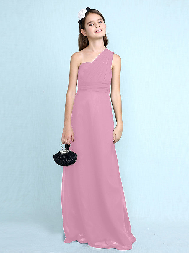 Sheath Column One Shoulder Floor Length Chiffon Flower Girl Dress with Natural Side Draping