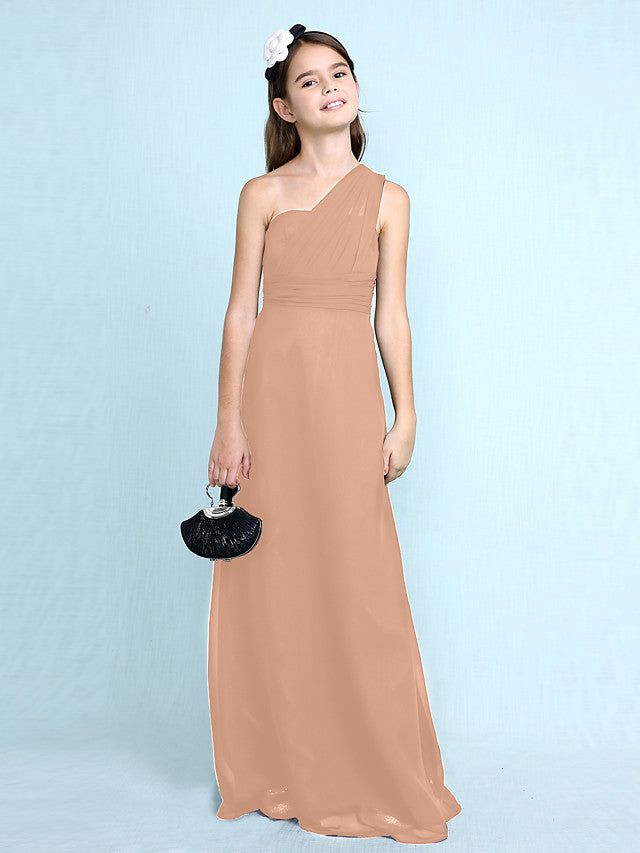 Sheath Column One Shoulder Floor Length Chiffon Flower Girl Dress with Natural Side Draping