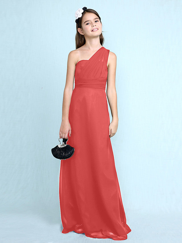 Sheath Column One Shoulder Floor Length Chiffon Flower Girl Dress with Natural Side Draping