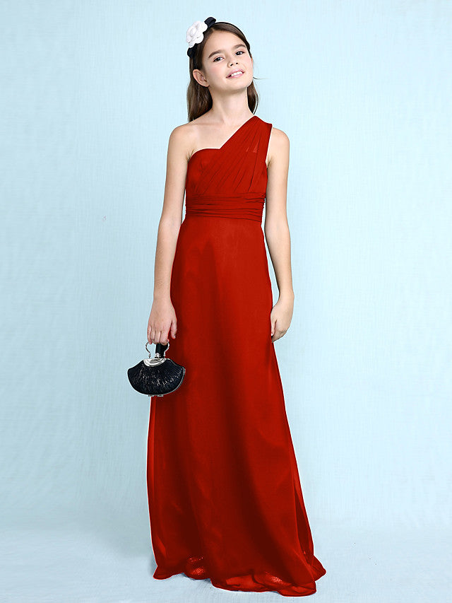 Sheath Column One Shoulder Floor Length Chiffon Flower Girl Dress with Natural Side Draping