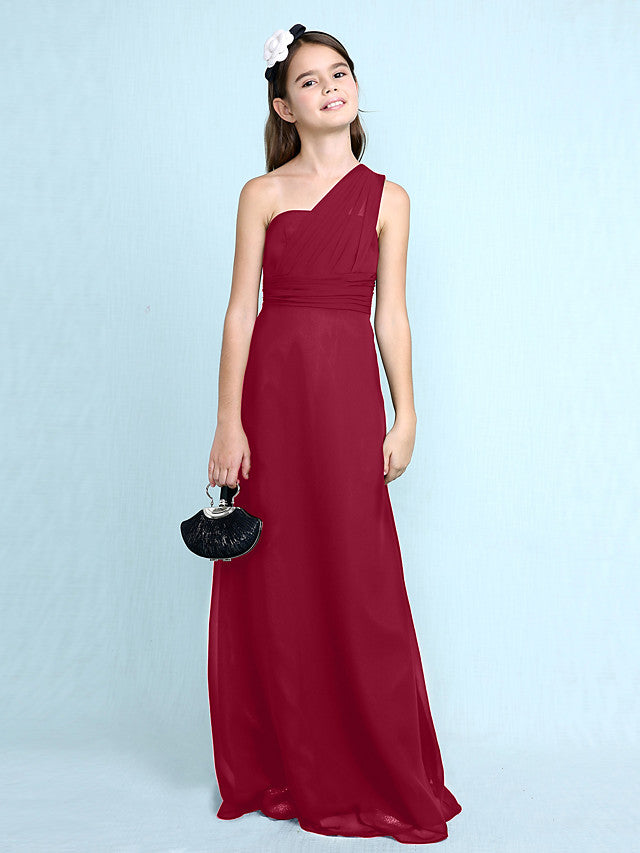 Sheath Column One Shoulder Floor Length Chiffon Flower Girl Dress with Natural Side Draping