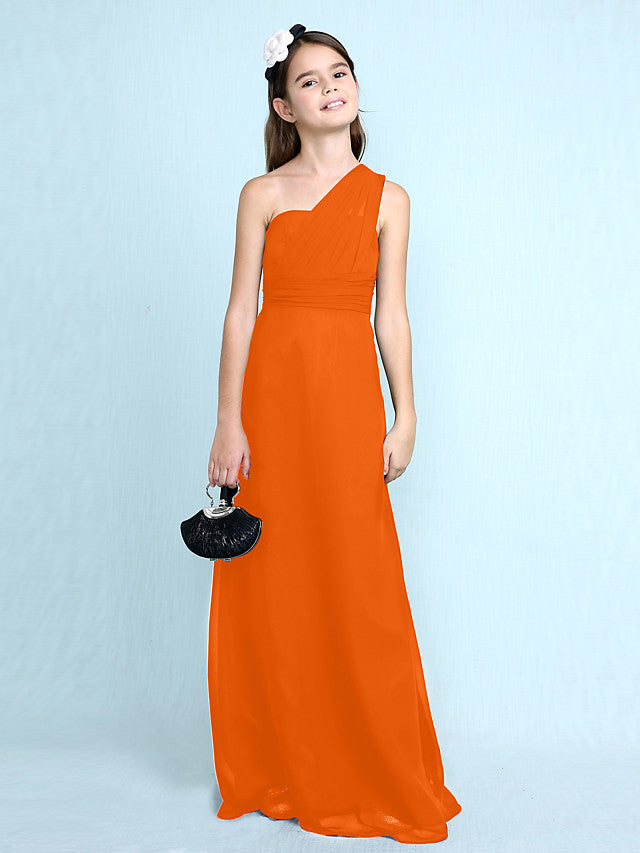 Sheath Column One Shoulder Floor Length Chiffon Flower Girl Dress with Natural Side Draping