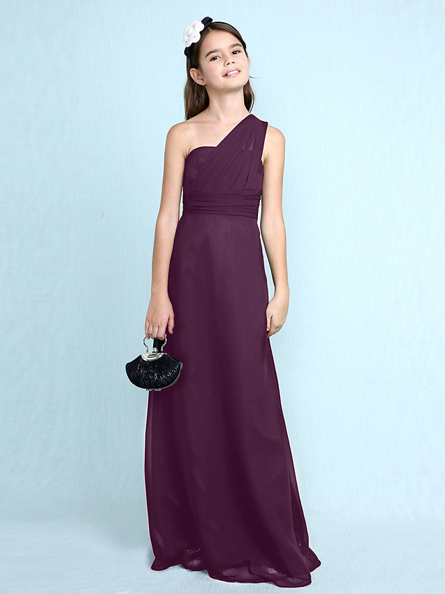 Sheath Column One Shoulder Floor Length Chiffon Flower Girl Dress with Natural Side Draping
