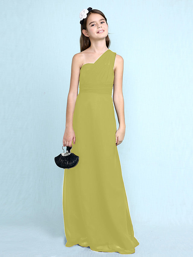 Sheath Column One Shoulder Floor Length Chiffon Flower Girl Dress with Natural Side Draping