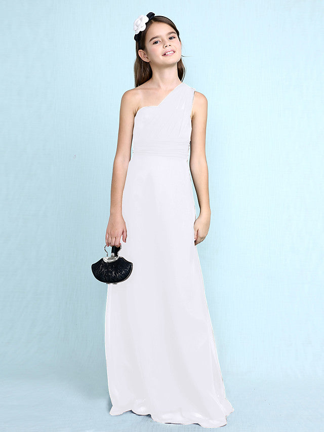 Sheath Column One Shoulder Floor Length Chiffon Flower Girl Dress with Natural Side Draping