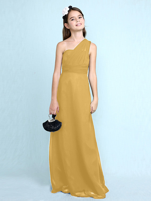 Sheath Column One Shoulder Floor Length Chiffon Flower Girl Dress with Natural Side Draping