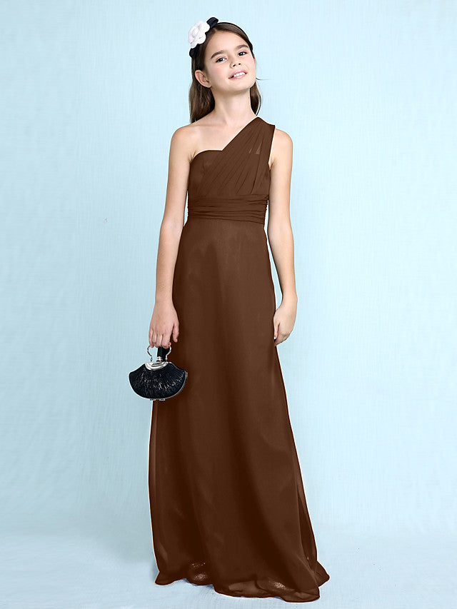 Sheath Column One Shoulder Floor Length Chiffon Flower Girl Dress with Natural Side Draping