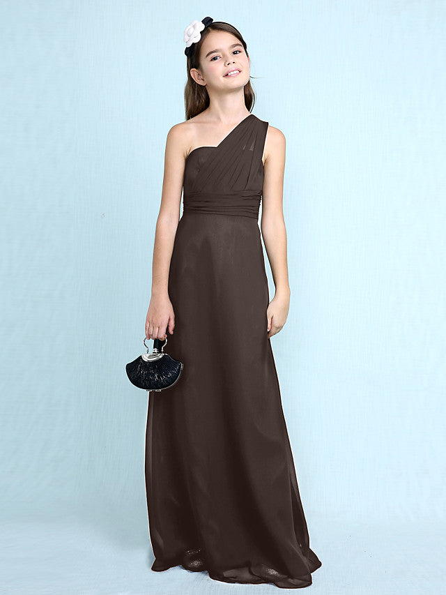 Sheath Column One Shoulder Floor Length Chiffon Flower Girl Dress with Natural Side Draping