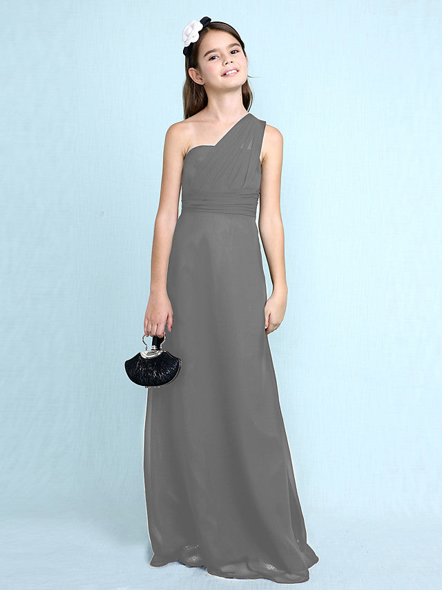 Sheath Column One Shoulder Floor Length Chiffon Flower Girl Dress with Natural Side Draping
