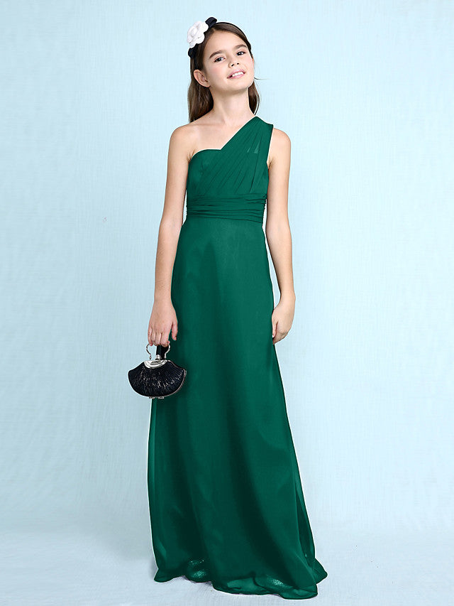 Sheath Column One Shoulder Floor Length Chiffon Flower Girl Dress with Natural Side Draping
