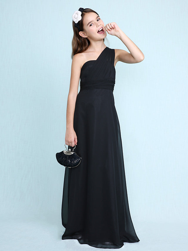 Sheath Column One Shoulder Floor Length Chiffon Flower Girl Dress with Natural Side Draping