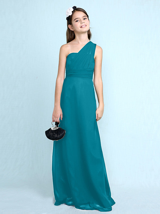 Sheath Column One Shoulder Floor Length Chiffon Flower Girl Dress with Natural Side Draping