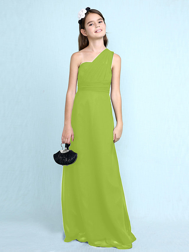 Sheath Column One Shoulder Floor Length Chiffon Flower Girl Dress with Natural Side Draping