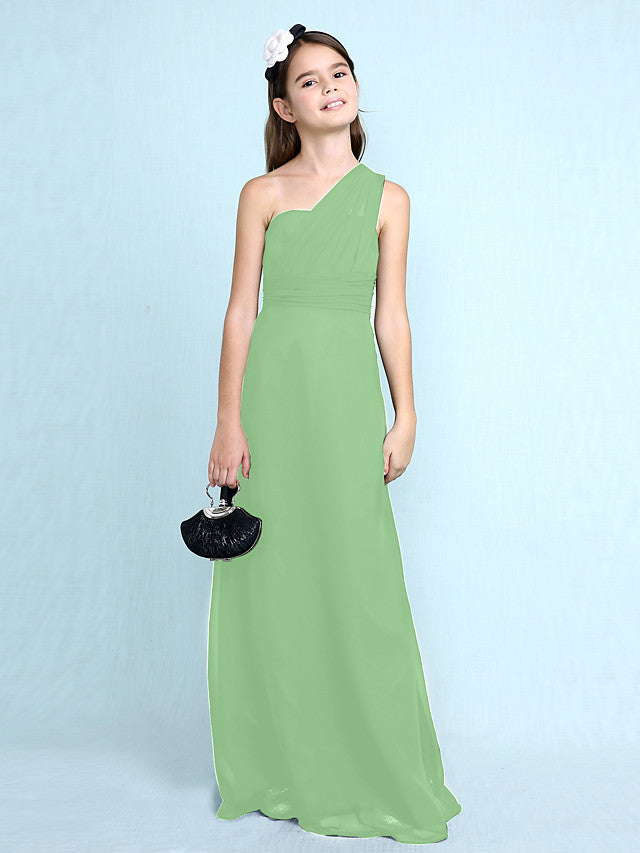 Sheath Column One Shoulder Floor Length Chiffon Flower Girl Dress with Natural Side Draping