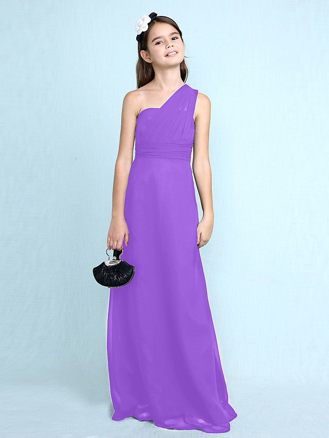 Sheath Column One Shoulder Floor Length Chiffon Flower Girl Dress with Natural Side Draping