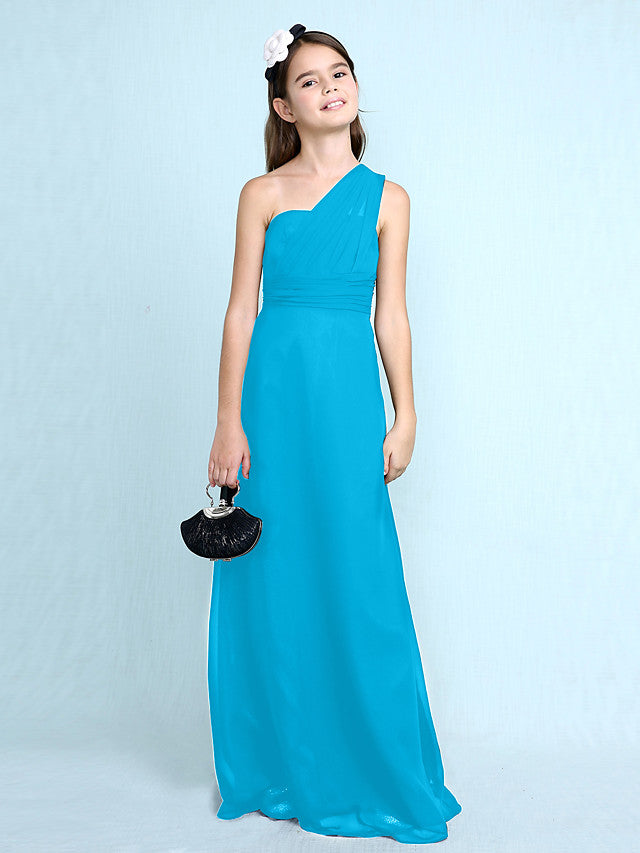 Sheath Column One Shoulder Floor Length Chiffon Flower Girl Dress with Natural Side Draping
