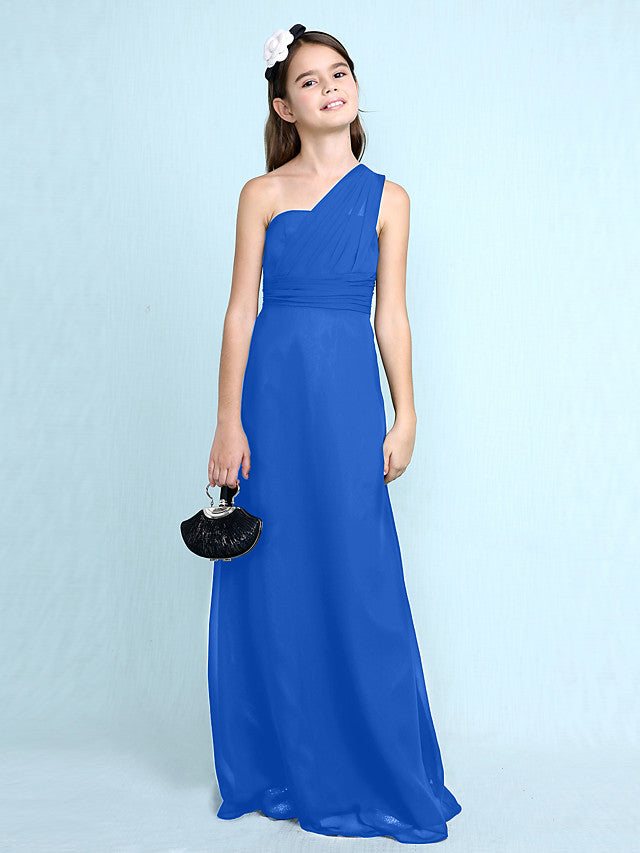 Sheath Column One Shoulder Floor Length Chiffon Flower Girl Dress with Natural Side Draping