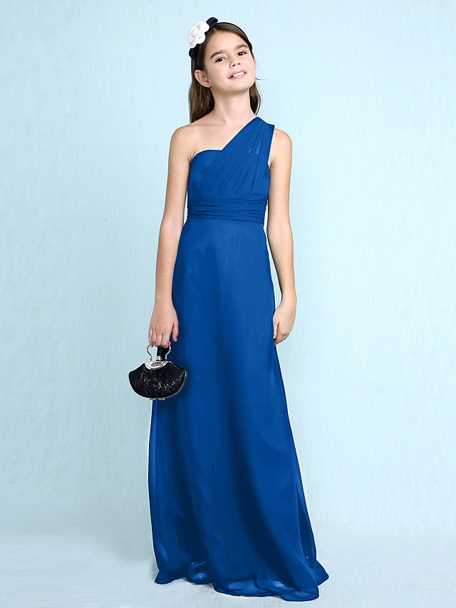 Sheath Column One Shoulder Floor Length Chiffon Flower Girl Dress with Natural Side Draping