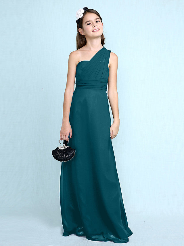 Sheath Column One Shoulder Floor Length Chiffon Flower Girl Dress with Natural Side Draping