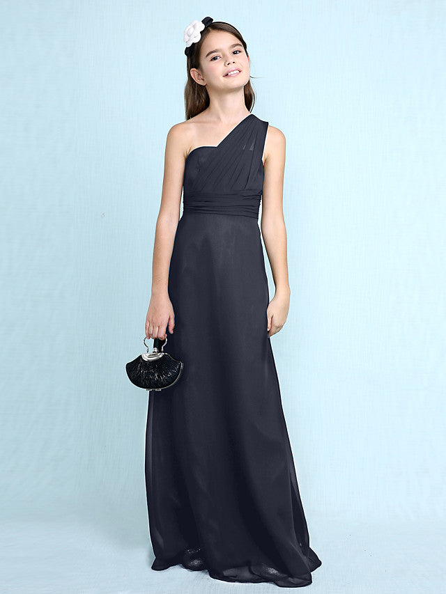 Sheath Column One Shoulder Floor Length Chiffon Flower Girl Dress with Natural Side Draping