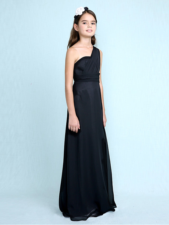 Sheath Column One Shoulder Floor Length Chiffon Flower Girl Dress with Natural Side Draping