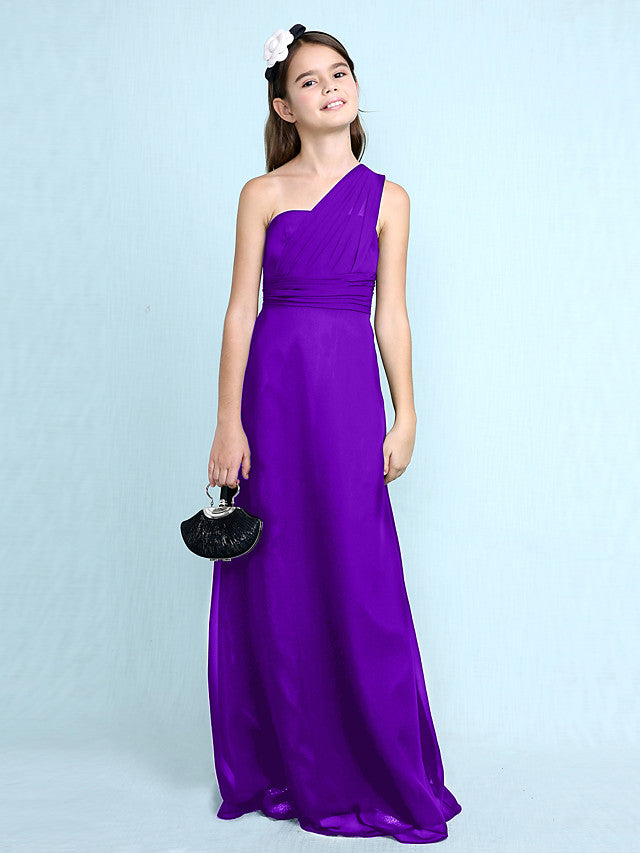 Sheath Column One Shoulder Floor Length Chiffon Flower Girl Dress with Natural Side Draping