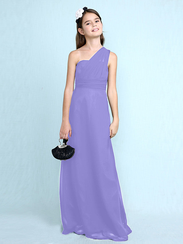 Sheath Column One Shoulder Floor Length Chiffon Flower Girl Dress with Natural Side Draping