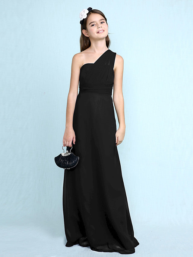 Sheath Column One Shoulder Floor Length Chiffon Flower Girl Dress with Natural Side Draping