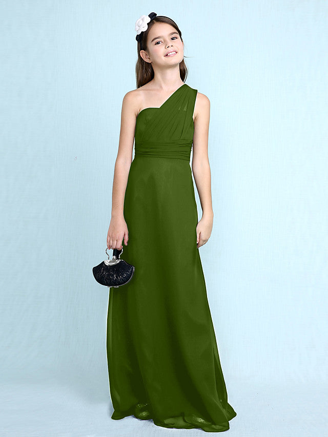 Sheath Column One Shoulder Floor Length Chiffon Flower Girl Dress with Natural Side Draping