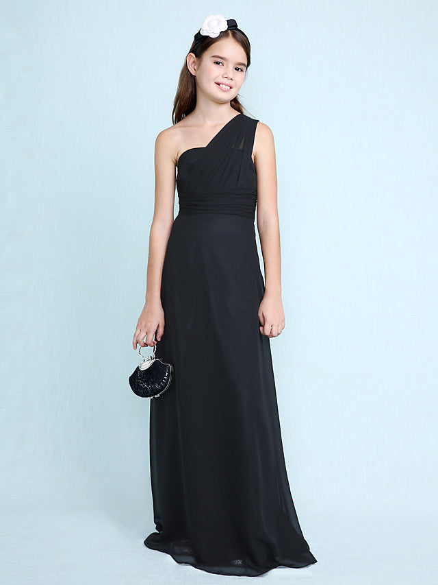 Sheath Column One Shoulder Floor Length Chiffon Flower Girl Dress with Natural Side Draping