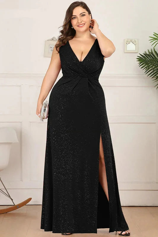 Shinning V-Neck Sleeveless Plus Size Prom Dress Long Evening Gowns With Split
